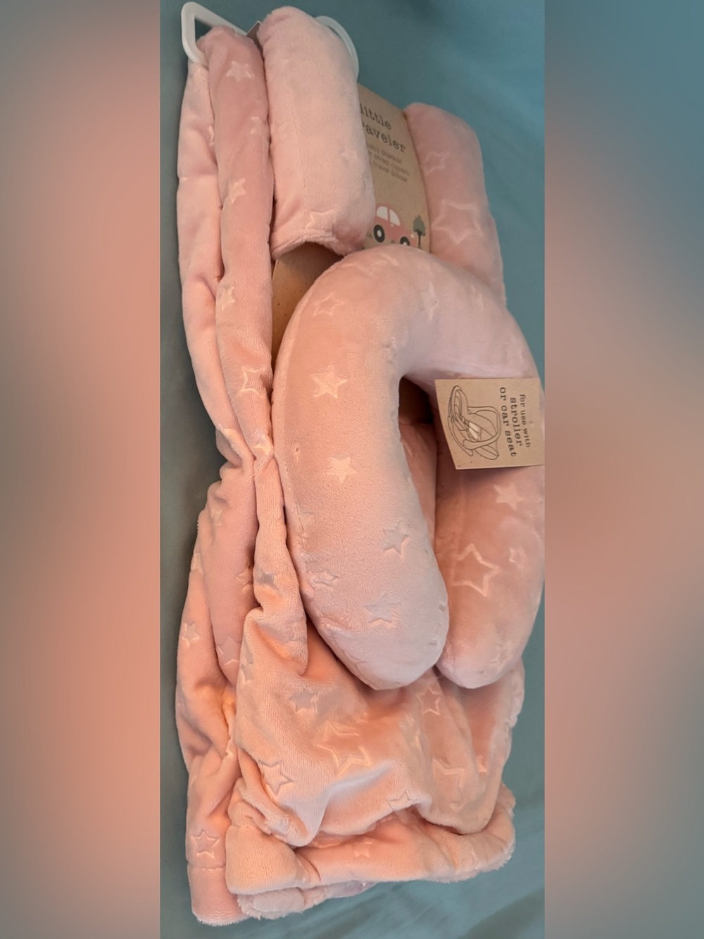 Little Traveler Light Pink Star Baby Blanket, Strap Covers & Travel Pillow Set - Picture 3 of 6